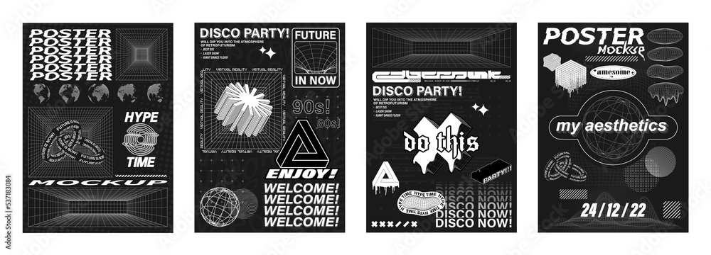 Poster retro futuristic posters set in concept cyberpunk with figure, abstract shapes, 3d trendy forms. aci