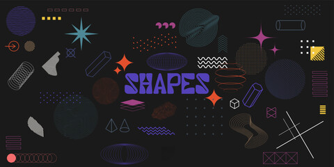 Universal geometric shapes in minimal style, memphis shapes, brutralism, geometric figures and other in vector set. Vaporwave style shapes and elements. Memphis vector collection. Modern elements	
