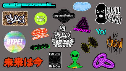 Streetwear Patches and prints in retrofuturistic, graffiti, street style for merch, t-shirt, prints, typography, posters. Trendy stickers. Translation of Japanese characters - cyberpunk, the future	
