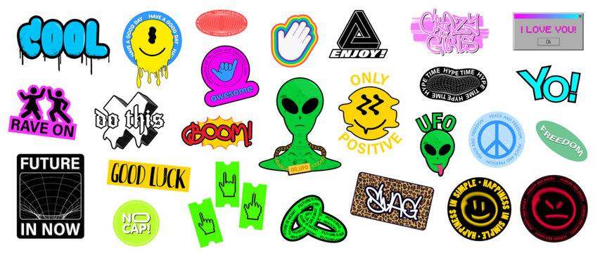 Cool sticker pack. Collection Trendy Badges with lettering and calligraphy, abstract shapes, hand gestures, graffiti and tags. Sticker pack for typography, prints. Colorful trendy design. Vector set	
