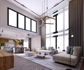 3d rendering,3d illustration, Interior Scene and  Mockup,living room style modern high ceiling,living room fireplace.