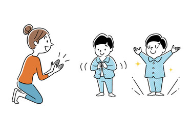 ベクターイラスト素材：子どもが自分で歯を磨いた後、母親が子供の歯を磨く
