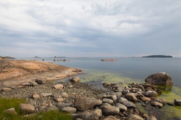 View of rocky seashore on the island of Kaparen, Espoo, Finland.