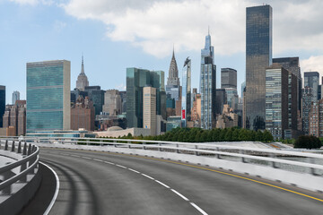 Plakat Empty urban asphalt road exterior with city buildings background. New modern highway concrete construction. Concept of way to success. Transportation logistic industry fast delivery. New York. USA.