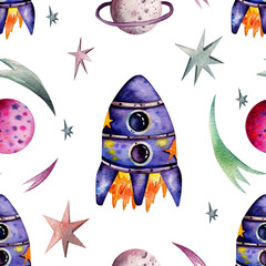 Seamless watercolor pattern with space objects. Multicolored planets, spaceship, comets and stars on a white background. Design for wrapping paper.