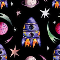 Seamless watercolor pattern with space objects. Multicolored planets, spaceship, comets and stars on a black background. Design for wrapping paper.