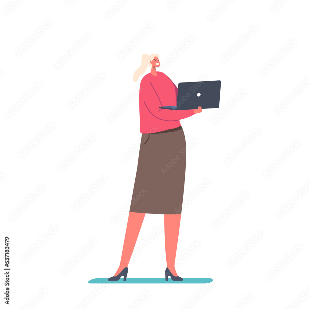 Poster female character standing with laptop in hands isolated on white background. freelancer, programmer,