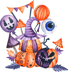 Halloween watercolor illustration. Bright orange, purple pumpkins with a scary face, mushrooms, balloons and a garland of flags. Autumn, holidays.