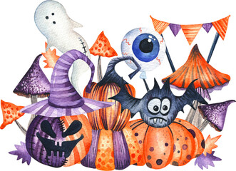 Halloween watercolor illustration. Large composition of stylized orange and purple pumpkins, ghost, balloons, bat, autumn leaves and magic mushrooms. Autumn, holidays.