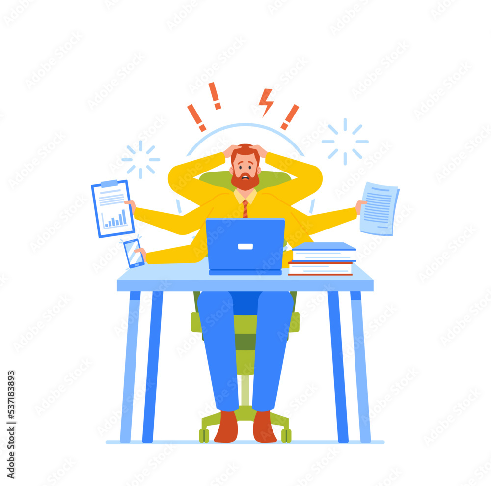 Poster anxious business man with many arms sitting at laptop in office doing many tasks at the same time, m