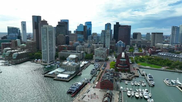 Boston skyline. Panorama cityscape of Boston Harbor in Massachusetts and financial district highrise skyscrapers. Aerial view.