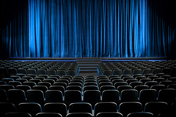 Darkened empty movie theatre and stage - obrazy, fototapety, plakaty