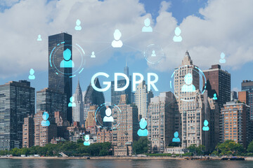 New York City skyline from Roosevelt Island over the East river towards skyscrapers of Midtown Manhattan, day time. GDPR hologram, concept of data protection, regulation, privacy for all individuals
