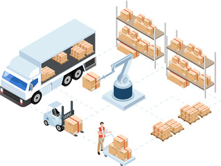 3D isometric logistics Warehouse Work Process Concept with Transportation operation service, Export, Import, Cargo, Forklif, Delivery Truck. Clipart Transparent PNG