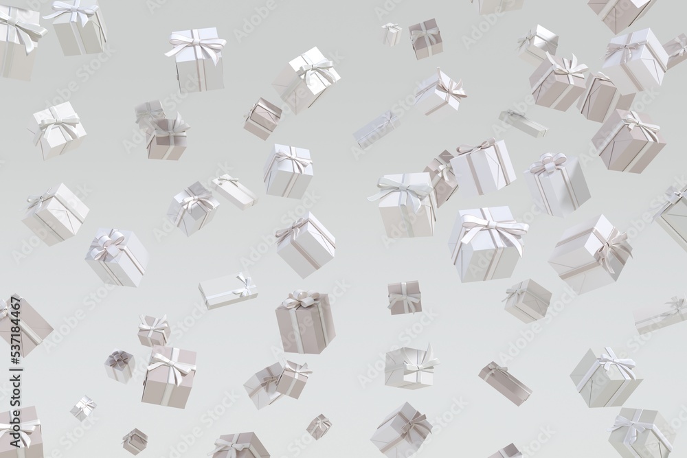 Poster many gift box set of white color collection floating on white background. 3d render. christmas conce