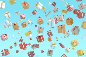 Many Gift box Set  color collection floating on blue background. 3D Render. Christmas concept idea