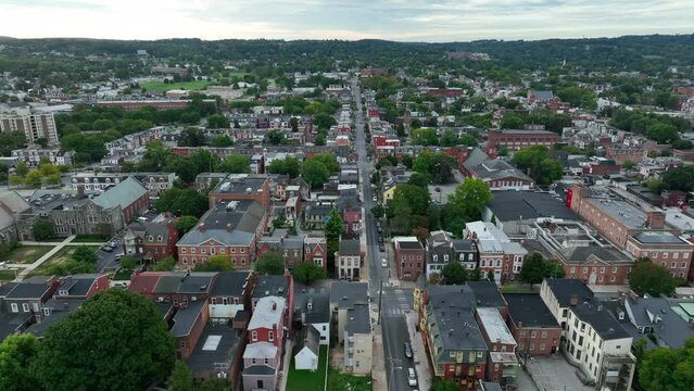 Aerial truck shot of historic buildings in downtown American city.