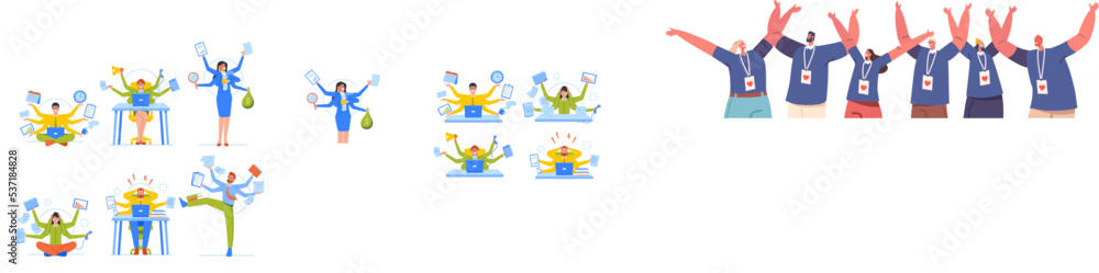Poster set of business people with many arms doing multiple tasks at the same time in office. worker multit