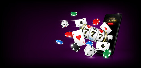 Games Slot machine and poker cards chips dice float away from smartphone. Website banner design online casino gambling with copy space for text. Background poster to advertising 3D realistic vector.