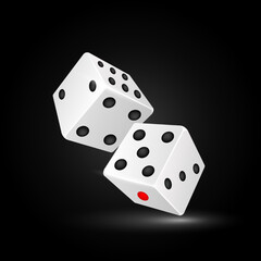 Two white poker dice isolated on black background. 3D Realistic cubes with random numbers of black dots and rounded edges. Online casino gambling tabletop or board games concept. Vector illustration.