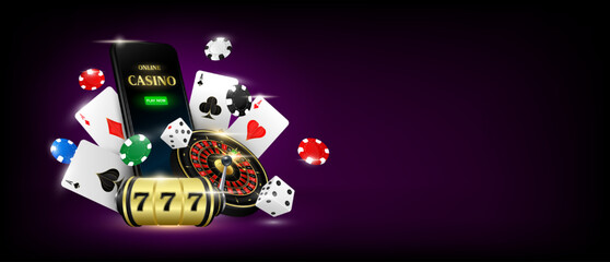 Online casino in smartphone. Playing cards roulette, dice and chips on solid background. Website banner design with copy space for text. Poster to ad 3D realistic vector. Internet gambling concept.