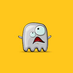 Funny cute smiling grey ghost monster isolated on orange background. Ghost cartoon character and cute emoji. Halloween spirit element.