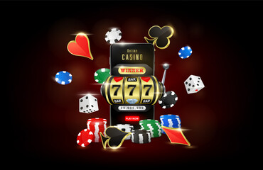 Online casino. Slot machine in smartphone, roulette, poker chips and playing cards flying. On black background. Gambling on mobile concept. 3D realistic vector illustration.