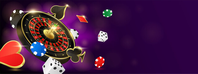 Website banner design online casino gambling with copy space for text. Background poster to advertising games roulette, poker chips and playing cards flying. 3D realistic vector illustration.