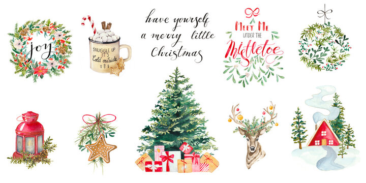 Christmas and new year watercolor decoration. Hand-painted illustration set. Postcards, invitations, posters, prints design.