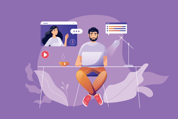 Video conference concept with people scene. Vector illustration.