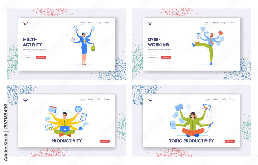 Poster worker multitasking skills landing page template set. business people with many arms doing multiple 