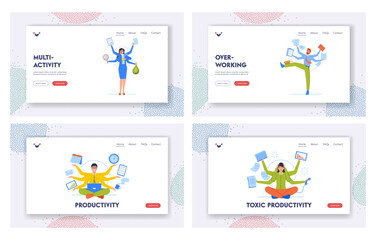 Fototapeta na wymiar Worker Multitasking Skills Landing Page Template Set. Business People With Many Arms Doing Multiple Tasks At Same Time