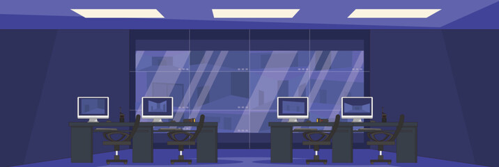 Cute and nice design of Security control cctv room with furniture and interior objects vector design