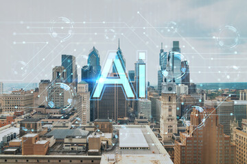 Aerial panorama city view of Philadelphia financial downtown at day time, Pennsylvania, USA. Hologram of Artificial Intelligence concept. AI and business, machine learning, neural network, robotics
