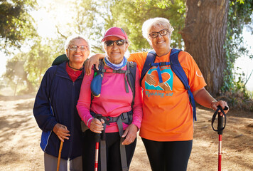 Senior women, hiking group and friends fitness in nature, park and forest for healthy lifestyle,...
