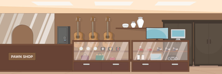 Cute and nice design of Pawnshop with furniture and interior objects vector design