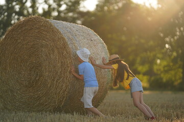 Children roll hay on the field
