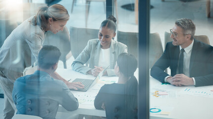 Planning, strategy and business people in meeting with finance report, digital marketing analytics and manager ppt presentation on laptop. Teamwork, collaboration and women in company budget analysis