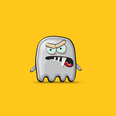 Funny cute smiling grey ghost monster isolated on orange background. Ghost cartoon character and cute emoji. Halloween spirit element.