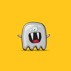 Funny cute smiling grey ghost monster isolated on orange background. Ghost cartoon character and cute emoji. Halloween spirit element.