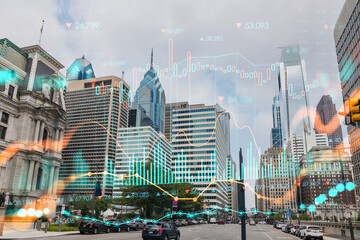 Summer day time cityscape of Philadelphia financial downtown, Pennsylvania, USA. City Hall. Glowing...