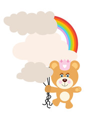 Cute princess teddy bear with clouds and rainbow