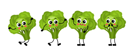 Set of funny green broccoli in different positions