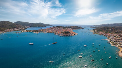 Aerial view of the bay and town of Poros island and the village Galatas right opposite to it, Saronic Gulf, Greece