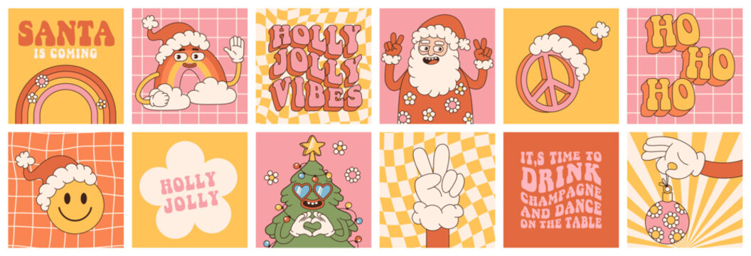 Groovy hippie Christmas stickers. Santa Claus, tree, smile, peace, rainbow in trendy retro cartoon style. Merry Christmas and Happy New year greeting card, poster, print, party invitation, background.