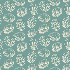 Vector seamless pattern with walnuts on a turquoise background. Vegan food illustration.