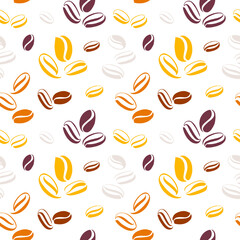 Seamless pattern with calligraphic coffee beans on a white background. Hand drawn vector illustration.
