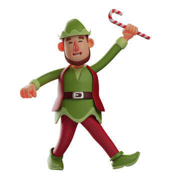 3D illustration. Elf Cartoon Character 3D is feeling happy. holding a candy cane in hand. with open legs pose. 3D Cartoon Character