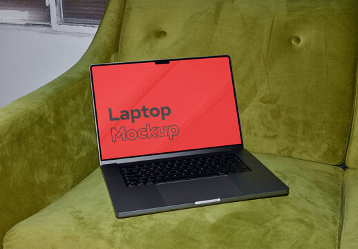 Modern Laptop Mockup With Flash Light on Sofa