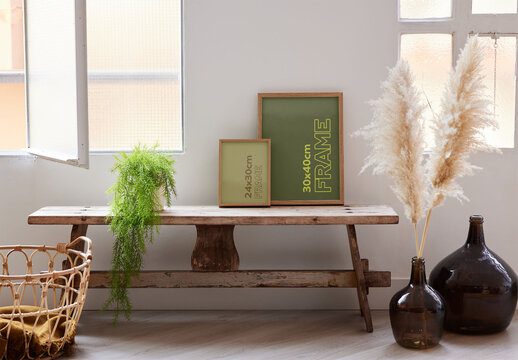 Set of Two Frame Mockup on a Wooden Bench With Natural Light